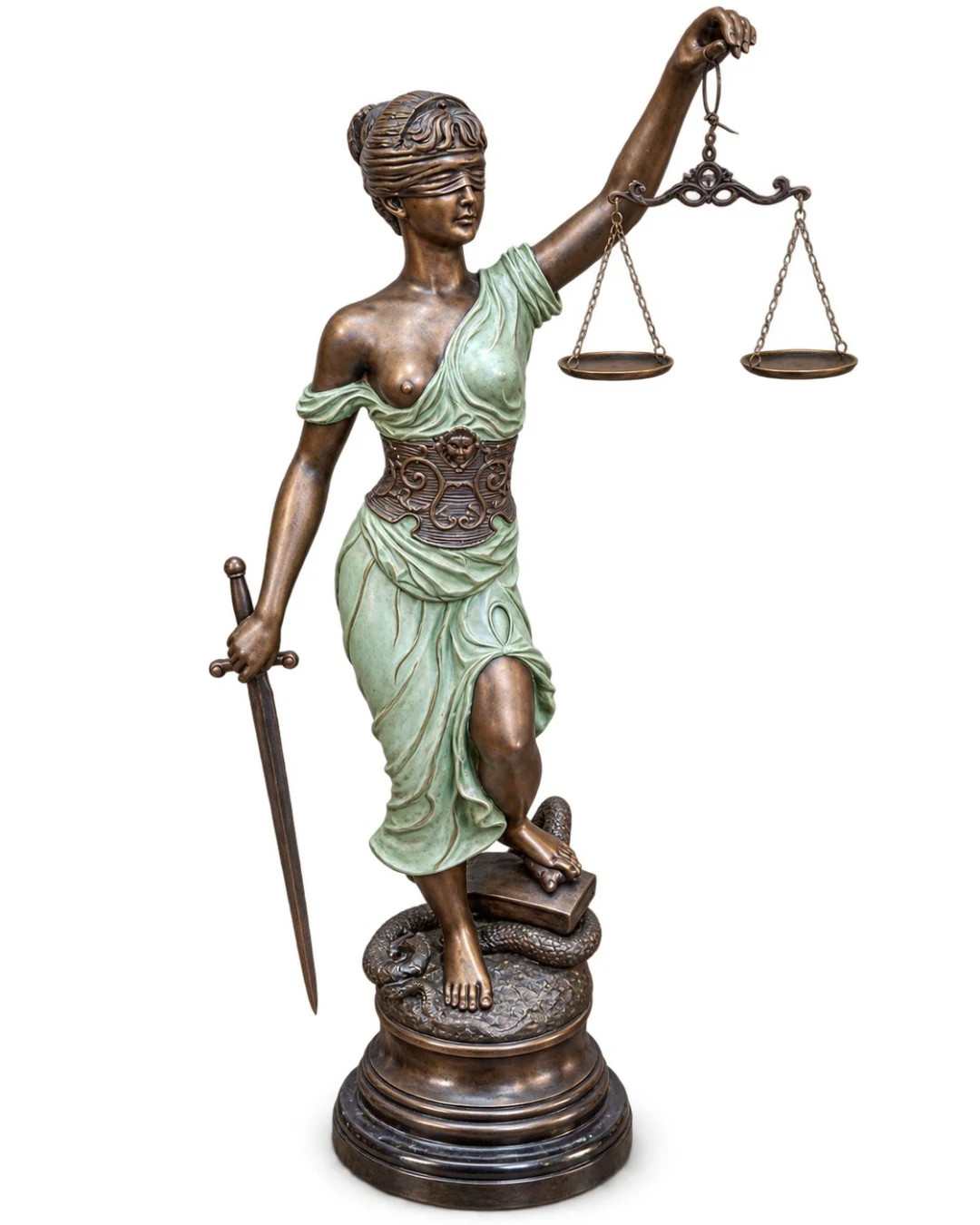 The same Blind Justice sculpture after Tyler Grace catalog processing on a clean white background