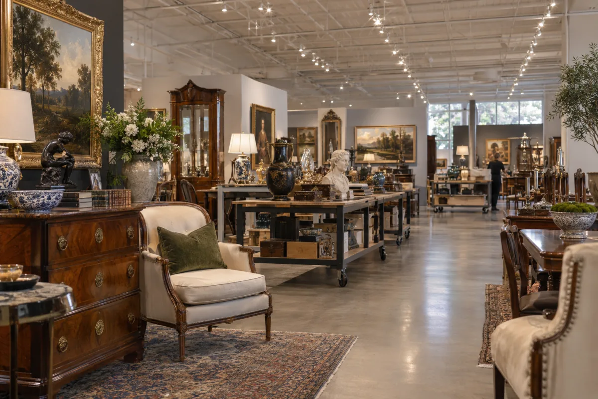 Illustrative view of a professionally organized auction showroom with furniture, art and decorative objects