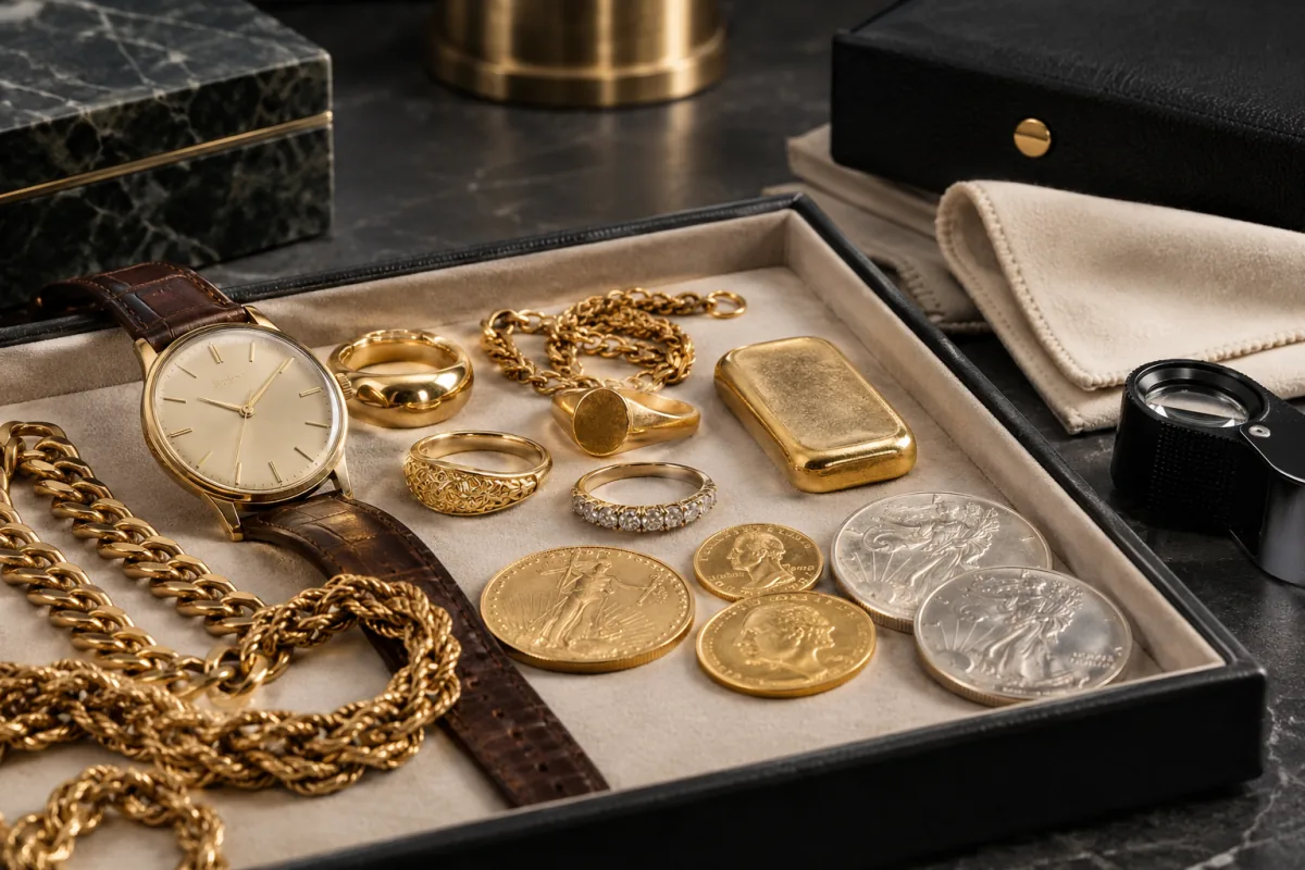 Illustrative private review of gold jewelry, watches, bullion and collectible coins