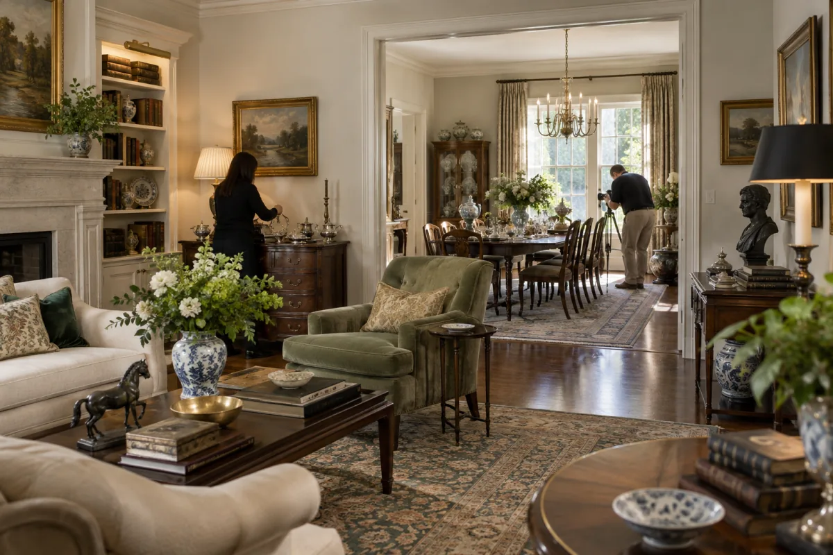 Illustrative view of auction professionals cataloging quality property inside a furnished home